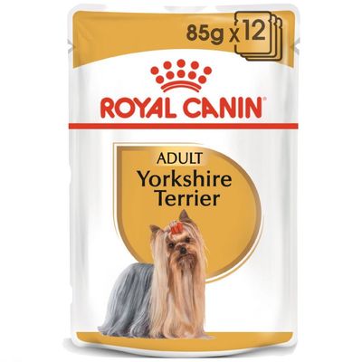 Royal Canin Adult Yorkshire Terrier, 85 g x 12. Opakowanie z wizerunkiem psa rasy yorkshire terrier i widoczną nazwą produktu.