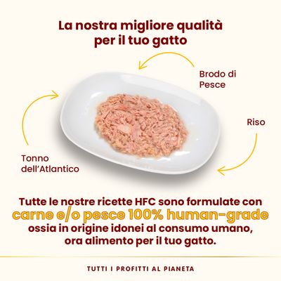 Almo Nature Natural Light Meal HFC, tonno dell’Atlantico, 4 pasti leggeri da 50g. Confezione con gatto e immagine del prodotto.