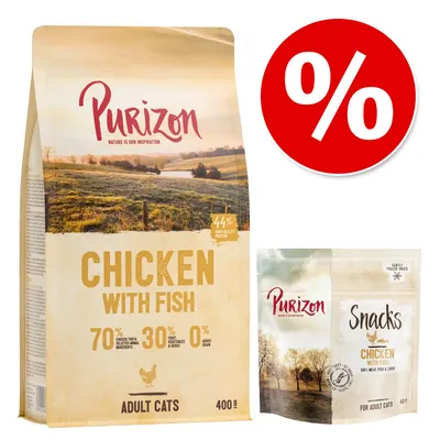Purizon Chicken with Fish para gatos adultos, 400 g. Snacks Purizon Chicken with Fish, 40 g. 70 % pollo y pescado, 30 % fruta y verdura, 0 % cereales añadidos. Oferta con símbolo de porcentaje.