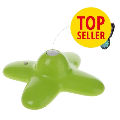 Grøn legetøj med roterende sommerfugl på metaltråd. Gul cirkel med rød tekst: TOP SELLER.