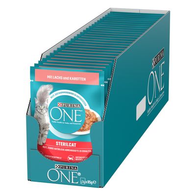 Purina ONE Sterilcat lazaccal és répával, támogatja az egészséges bőrt és testsúlykontrollt. 26 x 85g tasakos csomag.