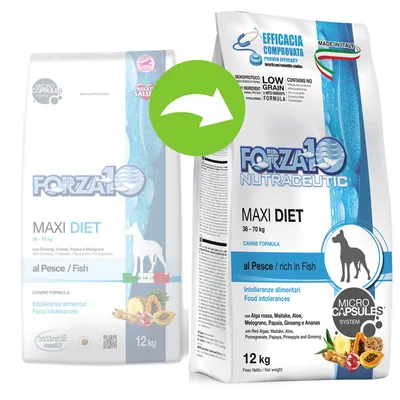 To poser Forza10 Maxi Diet hundefoder 12 kg, tekst: al Pesce / rich in Fish, Intolleranze alimentari Food intolerances, Microcapsules System, illustration af hund og frugt. Opdateret emballage vises.