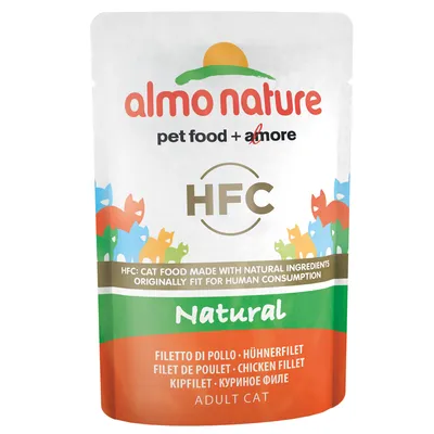 almo nature HFC Natural kanafilee aikuiselle kissalle. Teksti: pet food + amore, HFC: cat food made with natural ingredients originally fit for human consumption, chicken fillet, adult cat. almo nature HFC Natural kanafilee aikuiselle kissalle. Teksti: pet food + amore, HFC: cat food made with natural ingredients originally fit for human consumption, chicken fillet, adult cat.