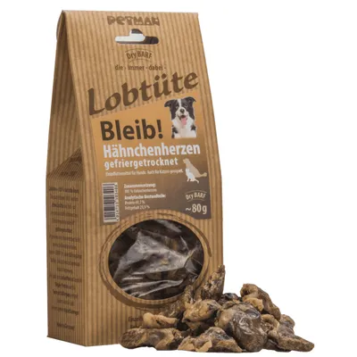 PETMAN Lohntüte Bleib! Hähnchenherzen gefriergetrocknet, friandises pour chiens et chats, 80 g, protéines 67,5 %, matières grasses 21,3 %, sachet avec fenêtre montrant le produit.