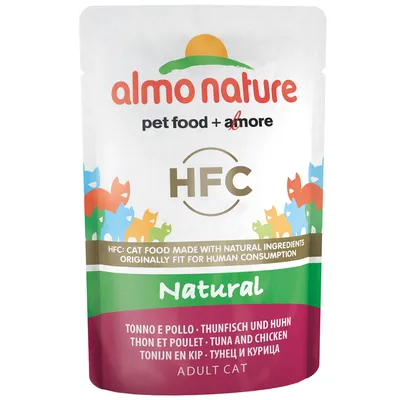 almo nature pet food + amore HFC Natural, tuna and chicken, adult cat. HFC: cat food made with natural ingredients originally fit for human consumption.