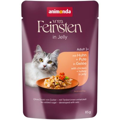 animonda Vom Feinsten Adult Raffinesse in Gelee, riche en poulet avec bœuf, 48 x 85 g. Texte visible : sans céréales, sans sucre ajouté, sans conservateurs ajoutés.