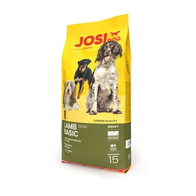 Josidog Lamb Basic Adult, ausgewogene Ernährung mit Lamm, German Quality, 15kg. Protein-Fett-Verhältnis 22/14. Für erwachsene Hunde.