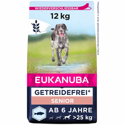 Eukanuba bez žitarica hrana za starije pse, ponovno zatvoriva, 12 kg, od 6 godina, za pse iznad 25 kg. Proizvedeno u tvornici koja prerađuje žitarice.