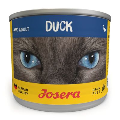 Josera Duck Adult, tysk kvalitet, kornfri. Dåse med katteøjne og gult etiket.