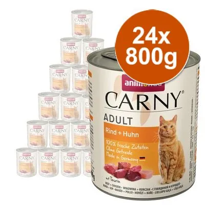 Animonda Carny Adult Rind + Huhn, 24×800g konzerv. Text: 100% frische Zutaten, Ohne Getreide, Made in Germany. Obrázek kočky a masa na etiketě. Animonda Carny Adult Rind + Huhn, 24×800g konzerv. Text: 100% frische Zutaten, Ohne Getreide, Made in Germany. Obrázek kočky a masa na etiketě.