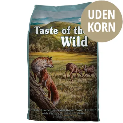 Taste of the Wild hundefoder, Appalachian Valley Small Breed Canine Formula med Venison & Garbanzo Beans. Stor cirkel med teksten UDEN KORN.