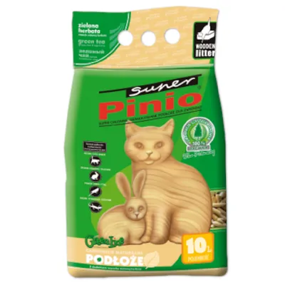 Super Pinio Holzstreu mit grünem Tee, 100% natürlich, 10L. Geeignet für Katzen und Kleintiere. Zertifiziert biologisch abbaubar.