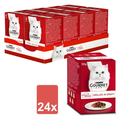 Purina Gourmet Mon Petit Grilled in Gravy, 24x50g csomag piros dizájnnal és fehér macskával. Látható termékleírás a csomagoláson. Purina Gourmet Mon Petit Grilled in Gravy, 24x50g csomag piros dizájnnal és fehér macskával. Látható termékleírás a csomagoláson.