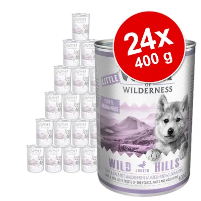 Wolf of Wilderness Little Wild Hills våtfoder, 24 x 400 g burkar. Text: 100% grain-free, Wild Junior Hills, anka & kalv med skogsbär, rötter och vilda örter.