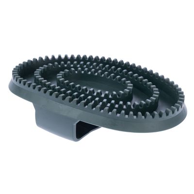 Овална гумена четка с шипчета за грижа за козината, тъмнозелена, ергономична дръжка.