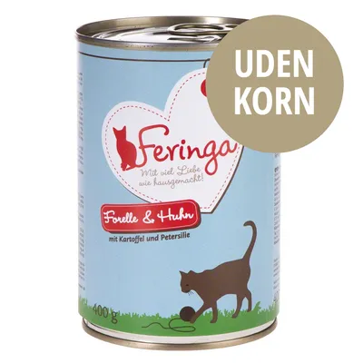 Feringa Forelle & Huhn, mit Kartoffel und Petersilie, 400 g. UDEN KORN står tydeligt på dåsen.