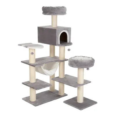 Arbre à chat gris avec plusieurs plateformes, deux paniers ronds, une niche carrée, un hamac en tissu blanc et des poteaux recouverts de sisal pour griffer. Arbre à chat gris avec plusieurs plateformes, deux paniers ronds, une niche carrée, un hamac en tissu blanc et des poteaux recouverts de sisal pour griffer.