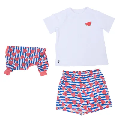 Set aus weissem T-Shirt mit Wassermelonenmotiv, gestreifter Shorts und passendem gestreiftem Hundekleidungsstück mit Wassermelonenmuster.