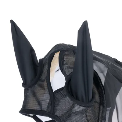 Zwart netmateriaal met twee spitse oren, onderdeel van een kostuum of accessoire.