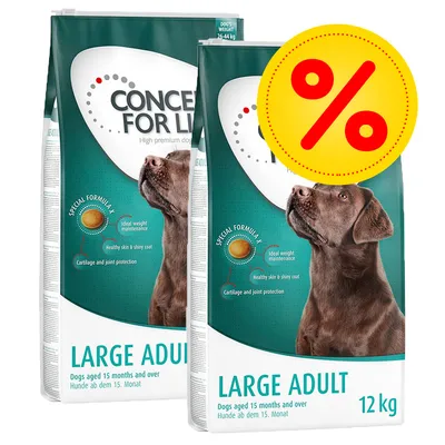 Twee zakken Concept for Life Large Adult hondenvoer 12 kg, zichtbaar: 'Special Formula', 'Ideal weight maintenance', 'Healthy skin & shiny coat', 'Cartilage and joint protection', kortingssymbool.