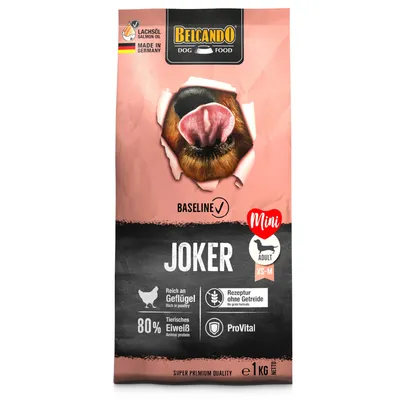 Belcando Dog Food Joker Mini Adult XS-M, bogat în carne de pasăre, rețetă fără cereale, 80% proteină animală, ProVital, ulei de somon, fabricat în Germania, 1 kg.