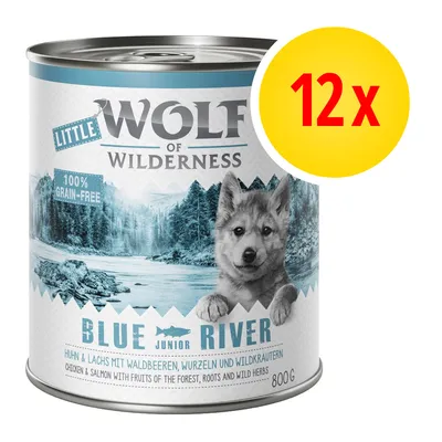 Wolf of Wilderness Little Blue River, 100% grain-free, kurczak i łosoś z owocami leśnymi, korzeniami i ziołami, 800 g. Zestaw 12 sztuk.