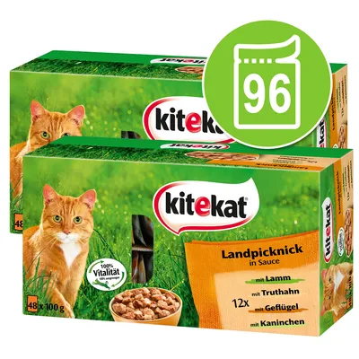 Kitekat Landpicknick i sås, 96 portionspåsar à 100 g. Smaker: lamm, kalkon, fågel, kanin. Text: 100 % Vitalität. Bild på katt och skål med foder synlig på förpackningen.