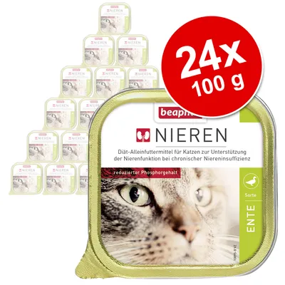 beaphar NIEREN diæt-fuldfoder til katte, reduceret fosforindhold, ENTE. Pakke med 24 x 100 g. Tekst på tysk: Unterstützung der Nierenfunktion bei chronischer Niereninsuffizienz. beaphar NIEREN diæt-fuldfoder til katte, reduceret fosforindhold, ENTE. Pakke med 24 x 100 g. Tekst på tysk: Unterstützung der Nierenfunktion bei chronischer Niereninsuffizienz.