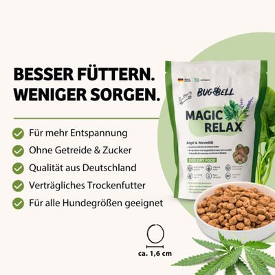 BUGBELL MAGIC RELAX Trockenfutter, für mehr Entspannung, ohne Getreide & Zucker, Qualität aus Deutschland, verträglich, für alle Hundgrößen geeignet, Kroketten ca. 1,6 cm.
