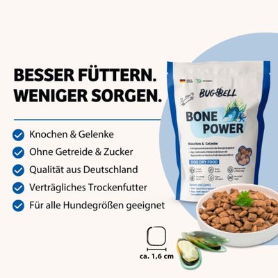 BUGBELL BONE POWER Trockenfutter. Knochen & Gelenke, ohne Getreide & Zucker, Qualität aus Deutschland, verträgliches Trockenfutter, für alle Hundegrößen geeignet, ca. 1,6 cm Stücke.