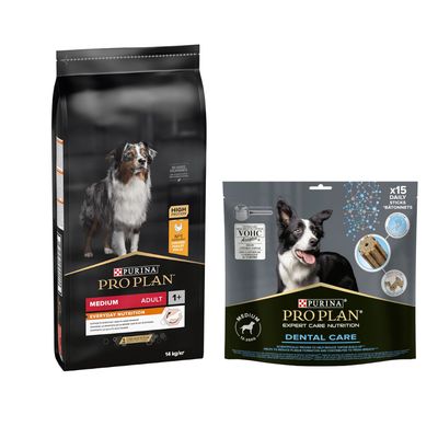PURINA PRO PLAN 12 / 14 kg + friandises Dental Care 345 g ou 426 g offertes ! Medium Adult Everyday Nutrition (14 kg) + Medium pour chien de taille moyenne (345 g)