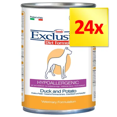 Dorado Exclusive Diet Formula hundmat, hypoallergenic, Duck and Potato. Text: Product of Italy, Veterinary Formulation. Förpackning med 24x burkar. Dorado Exclusive Diet Formula hundmat, hypoallergenic, Duck and Potato. Text: Product of Italy, Veterinary Formulation. Förpackning med 24x burkar.
