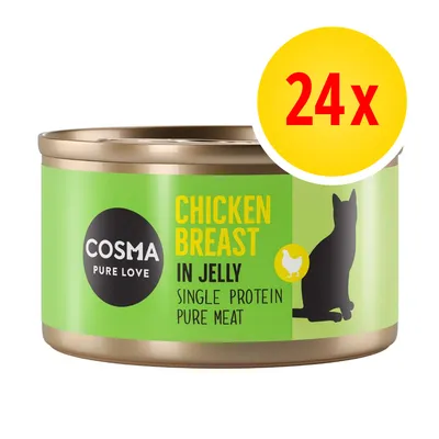 COSMA PURE LOVE Chicken Breast in Jelly, Single Protein Pure Meat, opakowanie 24x. Widoczna puszka z zieloną etykietą i sylwetką kota.