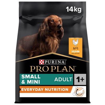 Saco de 14 kg de ração Purina Pro Plan Small & Mini Adult 1+ Everyday Nutrition. Texto visível: No1 Huhn als Zutat. Imagem de cão e símbolo de frango.