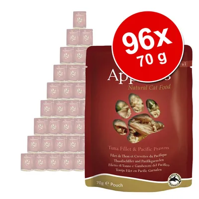 Applaws Natural Cat Food, 96 Beutel à 70 g, Sorte Thunfischfilet & Pazifikgarnelen. Großpackung mit Produktabbildung und Mengenangabe.