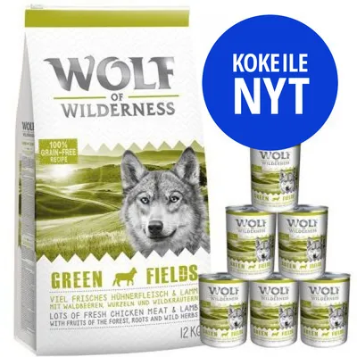 Wolf of Wilderness -tutustumispakkaus: märkä- & kuivamuona - Green Fields - paketti