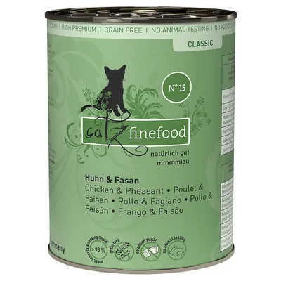 Catz Finefood Classic Nr. 15, κοτόπουλο & φασιανός, χωρίς δημητριακά, χωρίς προσθήκη ζάχαρης, χωρίς δοκιμές σε ζώα, 93% περιεκτικότητα σε κρέας, παρασκευάζεται στη Γερμανία. Catz Finefood Classic Nr. 15, κοτόπουλο & φασιανός, χωρίς δημητριακά, χωρίς προσθήκη ζάχαρης, χωρίς δοκιμές σε ζώα, 93% περιεκτικότητα σε κρέας, παρασκευάζεται στη Γερμανία.