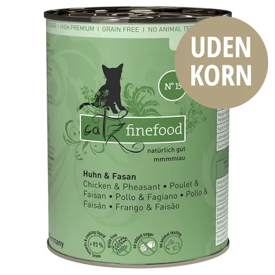 catz finefood Huhn & Fasan, N°15, naturlig gut mmmmiau, UDEN KORN, grain free, no added sugar, no animal testing, >93 % kød, dåse med grøn baggrund