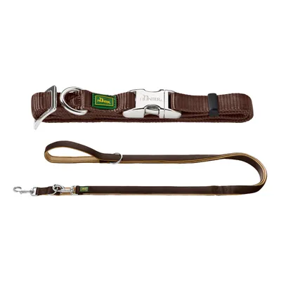 HUNTER Neopren Führleine, braun/karamell - Sparpaket: Leash Neopren + Collar Vario Basic Alu-Strong L