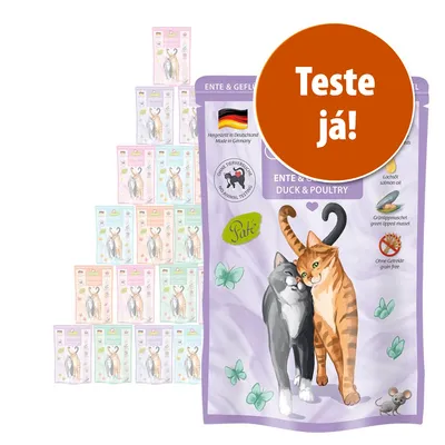 Embalagem de patê para gatos com ilustração de dois gatos, texto visível: 'Ente & Geflügel', 'Duck & Poultry', selo 'Ohne Tierversuche', 'Paté', círculo laranja com 'Teste já!'.