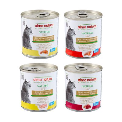 Lot Almo Nature HFC Natural 24 x 280 g pour chat Mixpaket 3 (Huhn & Lachs, Huhn & Garnelen, Thunfisch & Huhn, Hühnerfilet)