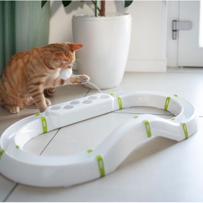 Tor zabawkowy z białego plastiku z zielonymi akcentami, kot bawi się zintegrowaną piłką. Odpowiedni do interaktywnej zabawy i treningu ruchowego.