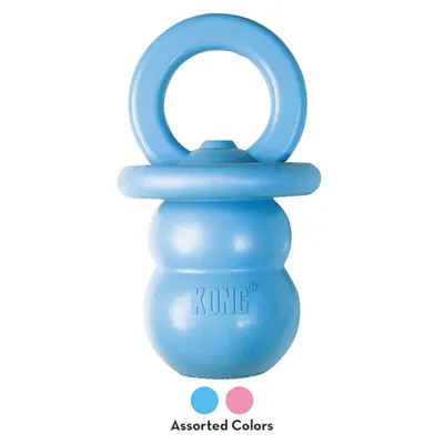Jouet en caoutchouc bleu avec anneau, marque KONG visible. Mention « Assorted Colors » et pastilles bleue et rose indiquant plusieurs coloris disponibles. Jouet en caoutchouc bleu avec anneau, marque KONG visible. Mention « Assorted Colors » et pastilles bleue et rose indiquant plusieurs coloris disponibles.