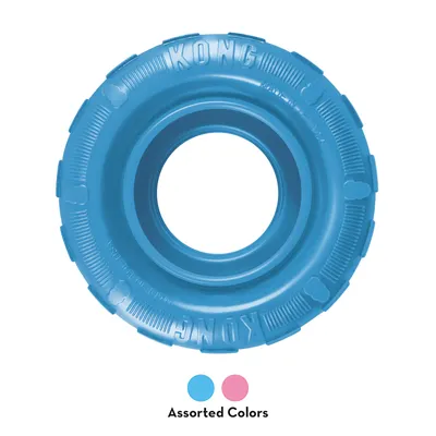 KONG tyre toy in blue, available in various colours. Sturdy design with visible KONG logo.