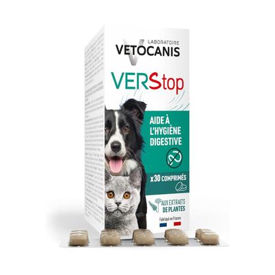 Vetocanis VERStop, 30 Tabletten. Unterstützung der Verdauungshygiene mit Pflanzenextrakten. Hergestellt in Frankreich. Geeignet für Hunde und Katzen.