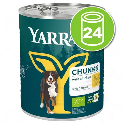 Lot de 24 boîtes YARRA Chunks with chicken, nettle & tomato. Certificat bio NL-BIO-01, label Beter Leven 3 étoiles. Illustration de chien sur l’emballage.