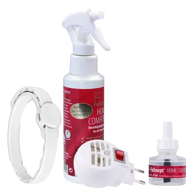 Felisept HOME COMFORT spray, diffuseur électrique avec recharge 45 ml et collier blanc visibles. Texte allemand sur le spray : Wohlbefinden und Entspannung für Ihre Katze.