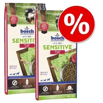 Aanbieding: 2 zakken bosch Sensitive mit Lamm & Reis hondenvoer, 15 kg per zak. 22,5% eiwit, 14% vetgehalte. Zonder glutenhoudende granen, voor volwassen honden vanaf 12 maanden.