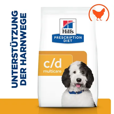 Hill's Prescription Diet c/d Multicare, stöd för urinvägarna, med kyckling, bild av en hund på förpackningen.