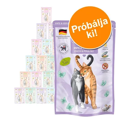 Macskaeledel csomagolás, rajta két macska, német zászló, „Próbálja ki!” felirat narancssárga körben, „ENTE & GEFLÜGEL DUCK & POULTRY”, „Ohne Getreide”, „Ohne Tierversuche” látható.